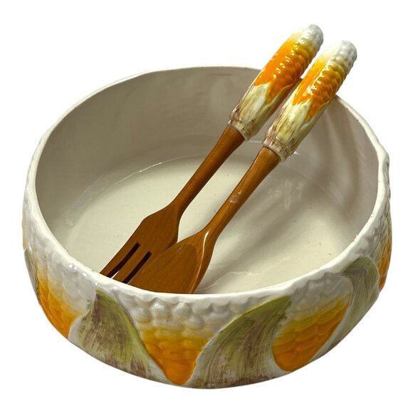 Vtg Neiman Marcus Italian Hand-Painted Corn Salad Bowl with Servers – 9” Ceramic - Picture 1 of 5